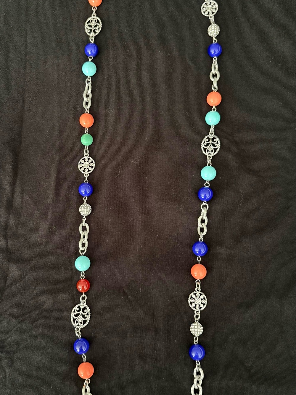 Multicolor Bead Necklace with Silver Filigree Accents - Blue, Coral, Turquoise